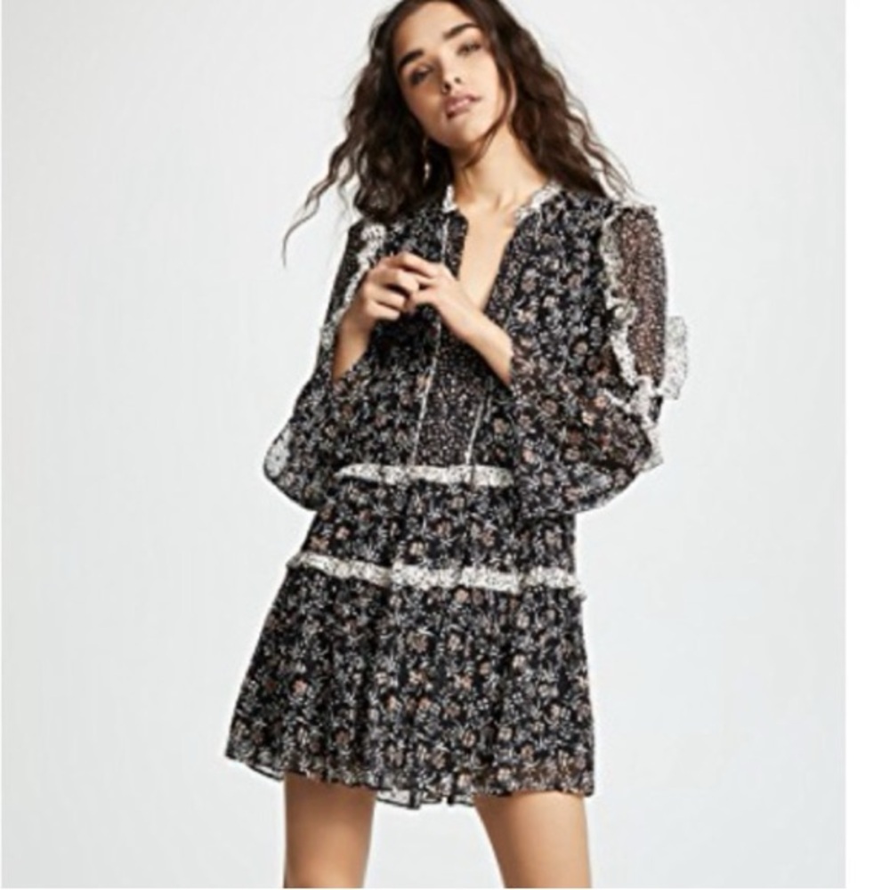 Ulla Johnson Black Floral Long-Sleeve Mini Dress